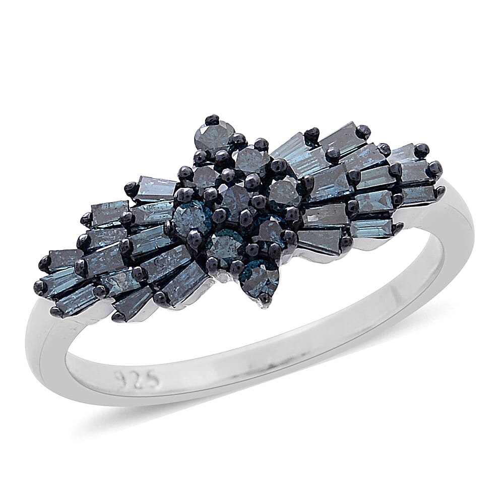 Limited Available- SGL Certified Blue Diamond (Rnd) (I1-I2) Ring in Platinum and Black Rhodium Overlay Sterling Silver 1.000 Ct.