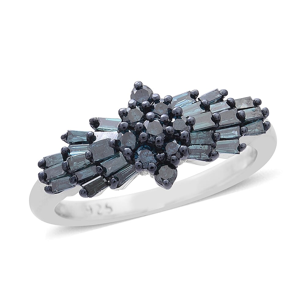 Limited Available- SGL Certified Blue Diamond (Rnd) (I1-I2) Ring in Platinum and Black Rhodium Overlay Sterling Silver 1.000 Ct.