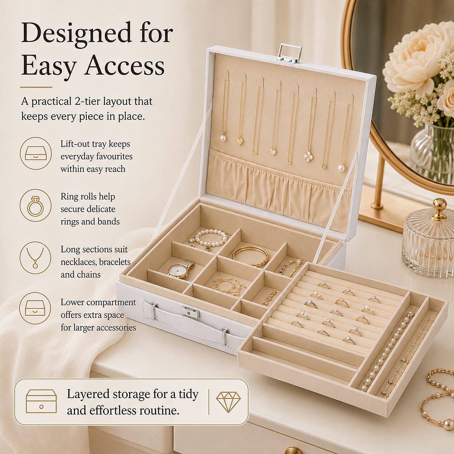 2-Tier Anti-Tarnish Protective Layer Jewellery Box Organizer (26cm) - White