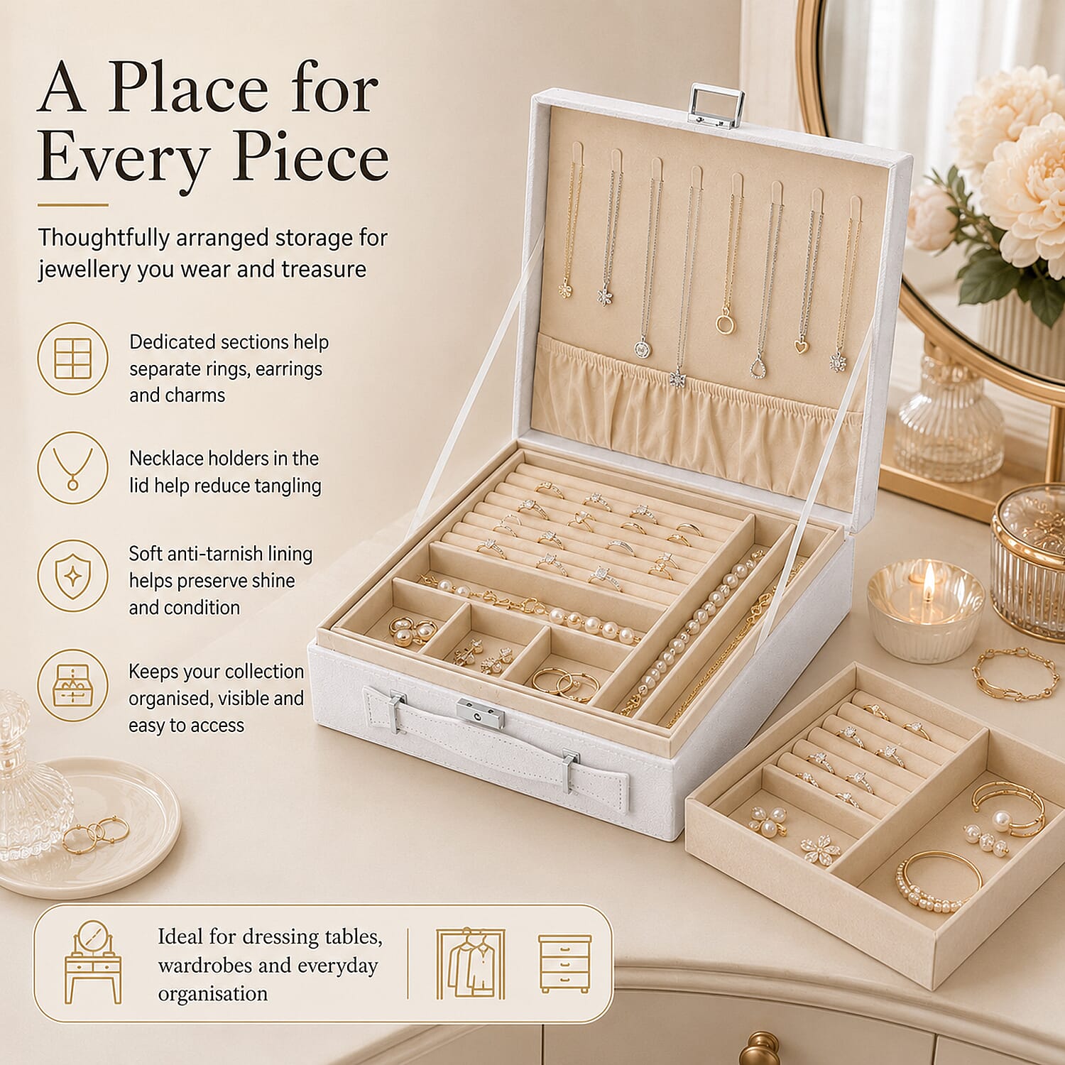 2-Tier Anti-Tarnish Protective Layer Jewellery Box Organizer (26cm) - White