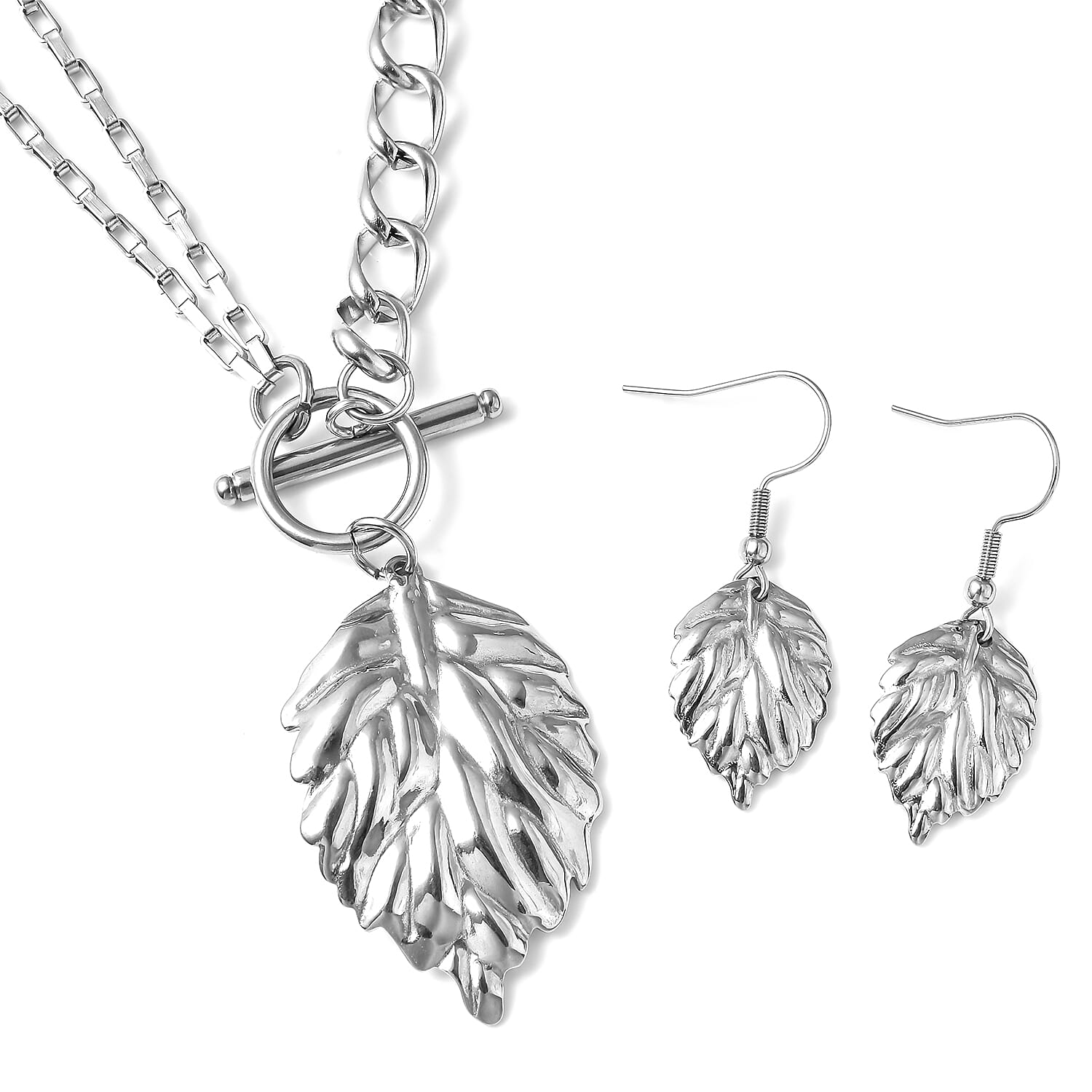 2 Piece Set - Leaf Necklace and Earrings in Stainless Steel