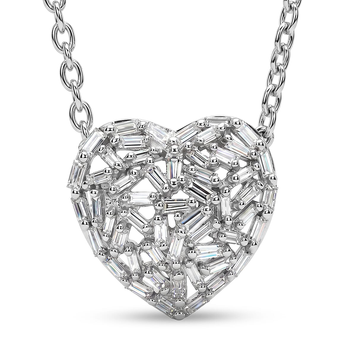 GP - Natural Diamond & Blue Sapphire Heart Pendant with Chain (Size - 20) in Rhodium Overlay Sterling Silver 0.40 Ct.