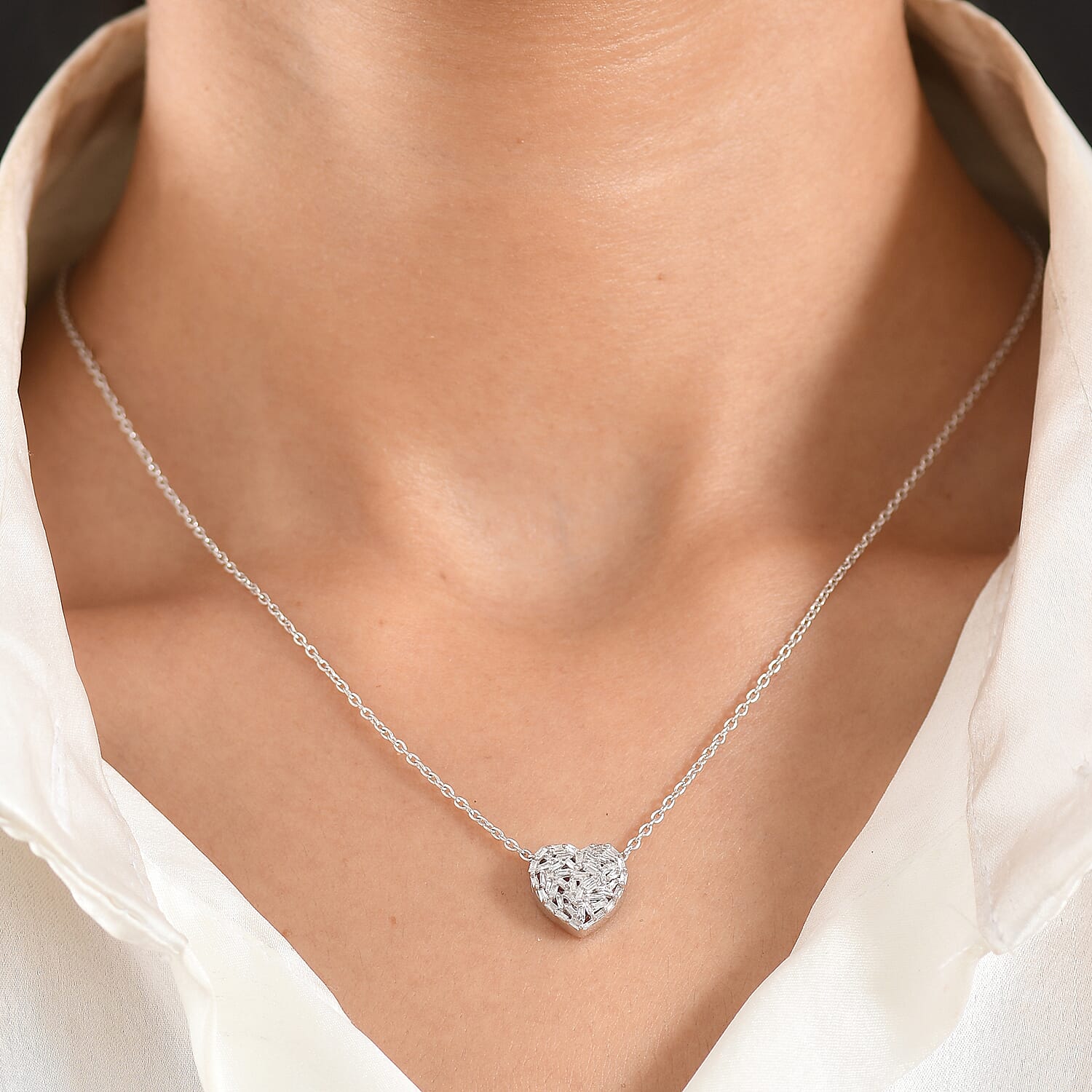 GP - Natural Diamond & Blue Sapphire Heart Pendant with Chain (Size - 20) in Rhodium Overlay Sterling Silver 0.40 Ct.