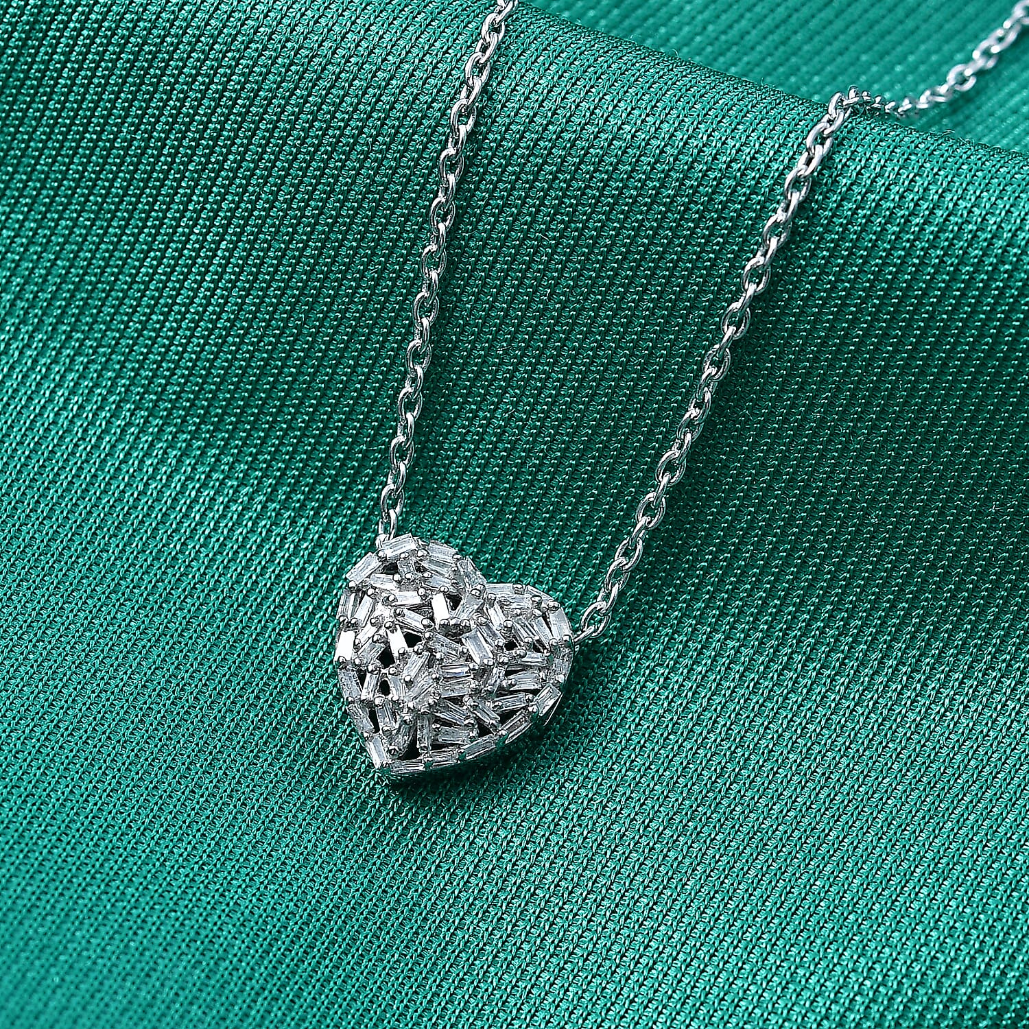 GP - Natural Diamond & Blue Sapphire Heart Pendant with Chain (Size - 20) in Rhodium Overlay Sterling Silver 0.40 Ct.