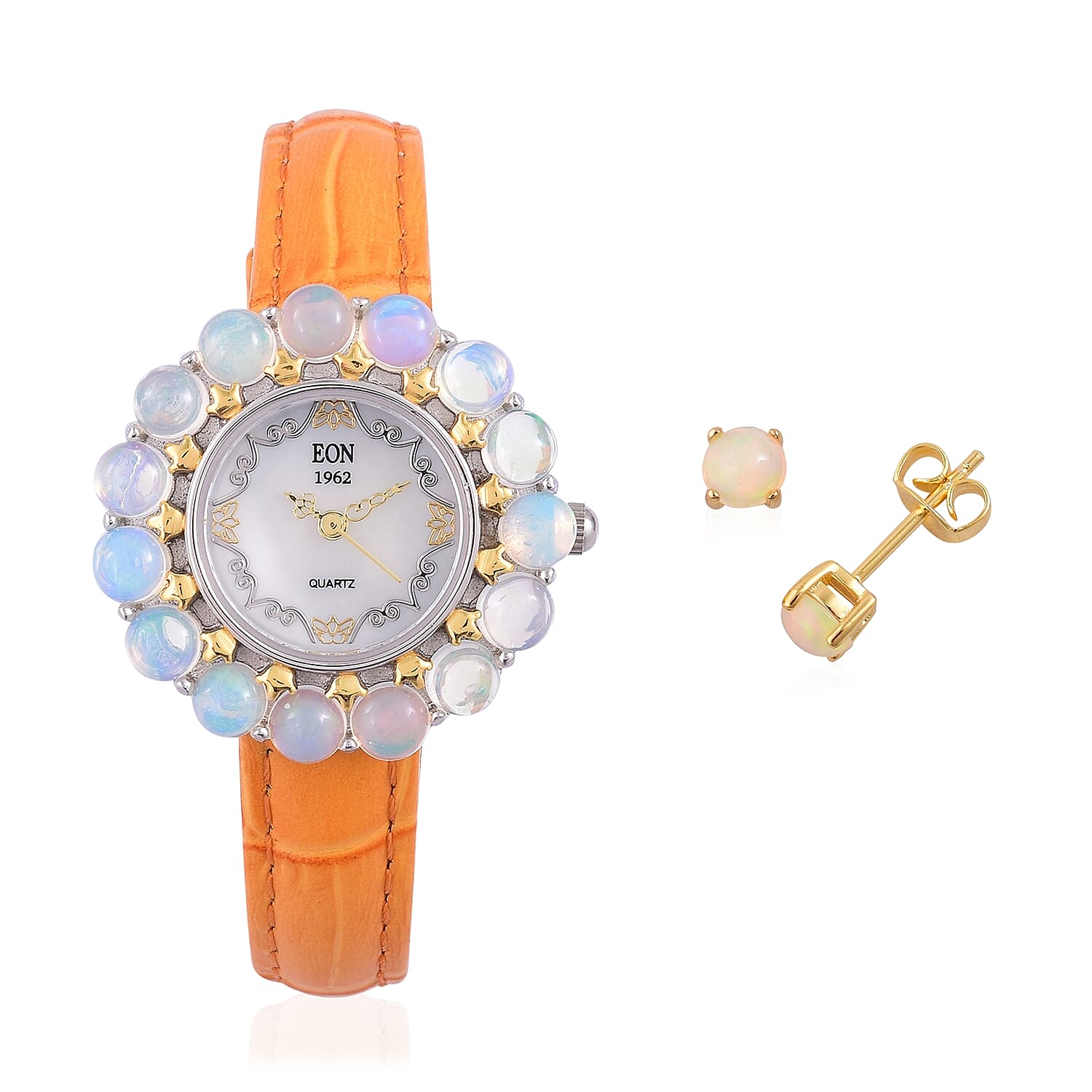 2 Piece Set - EON 1962 Swiss Movement Ethiopian Welo Opal MOP Dial 3 ATM Water Resistant Watch in Dual Tone and Stud Earrings (with Push Back) in Yellow Gold Overlay Sterling Silver 6.000 Ct.