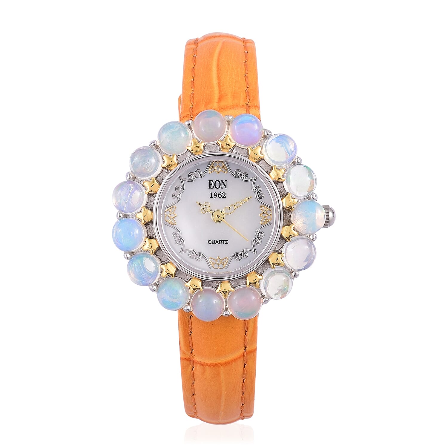 2 Piece Set - EON 1962 Swiss Movement Ethiopian Welo Opal MOP Dial 3 ATM Water Resistant Watch in Dual Tone and Stud Earrings (with Push Back) in Yellow Gold Overlay Sterling Silver 6.000 Ct.