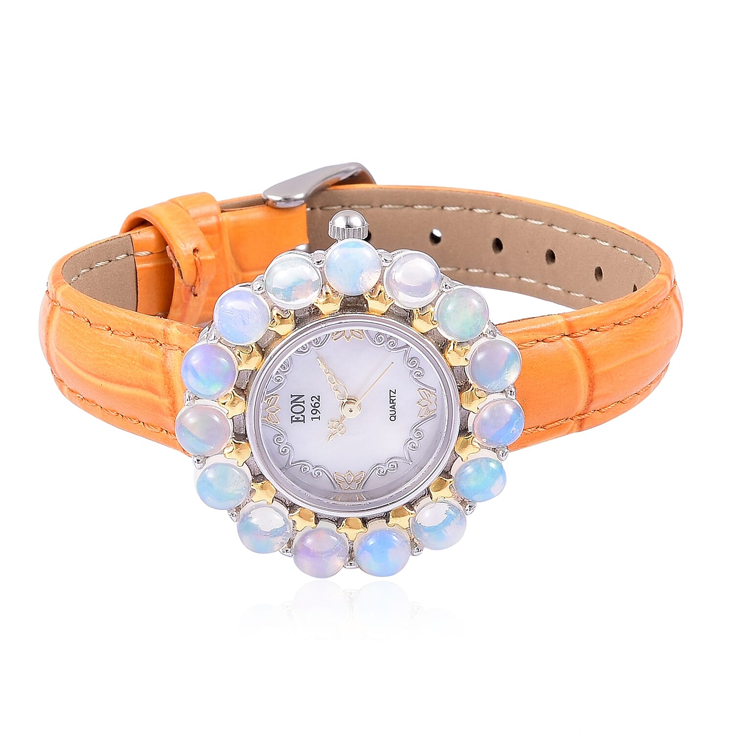 2 Piece Set - EON 1962 Swiss Movement Ethiopian Welo Opal MOP Dial 3 ATM Water Resistant Watch in Dual Tone and Stud Earrings (with Push Back) in Yellow Gold Overlay Sterling Silver 6.000 Ct.