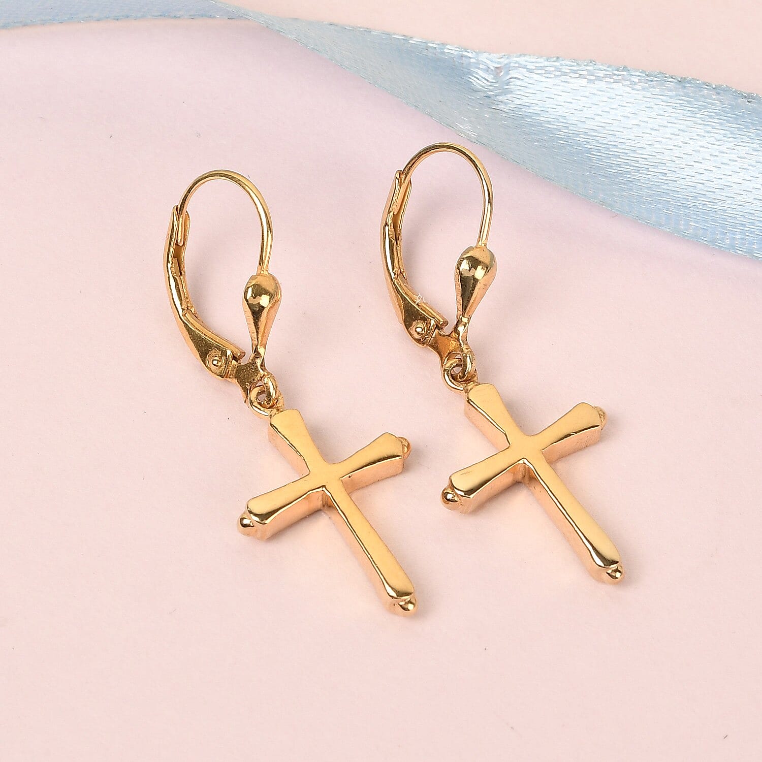 14K Gold Overlay Sterling Silver Lever Back Cross Earrings