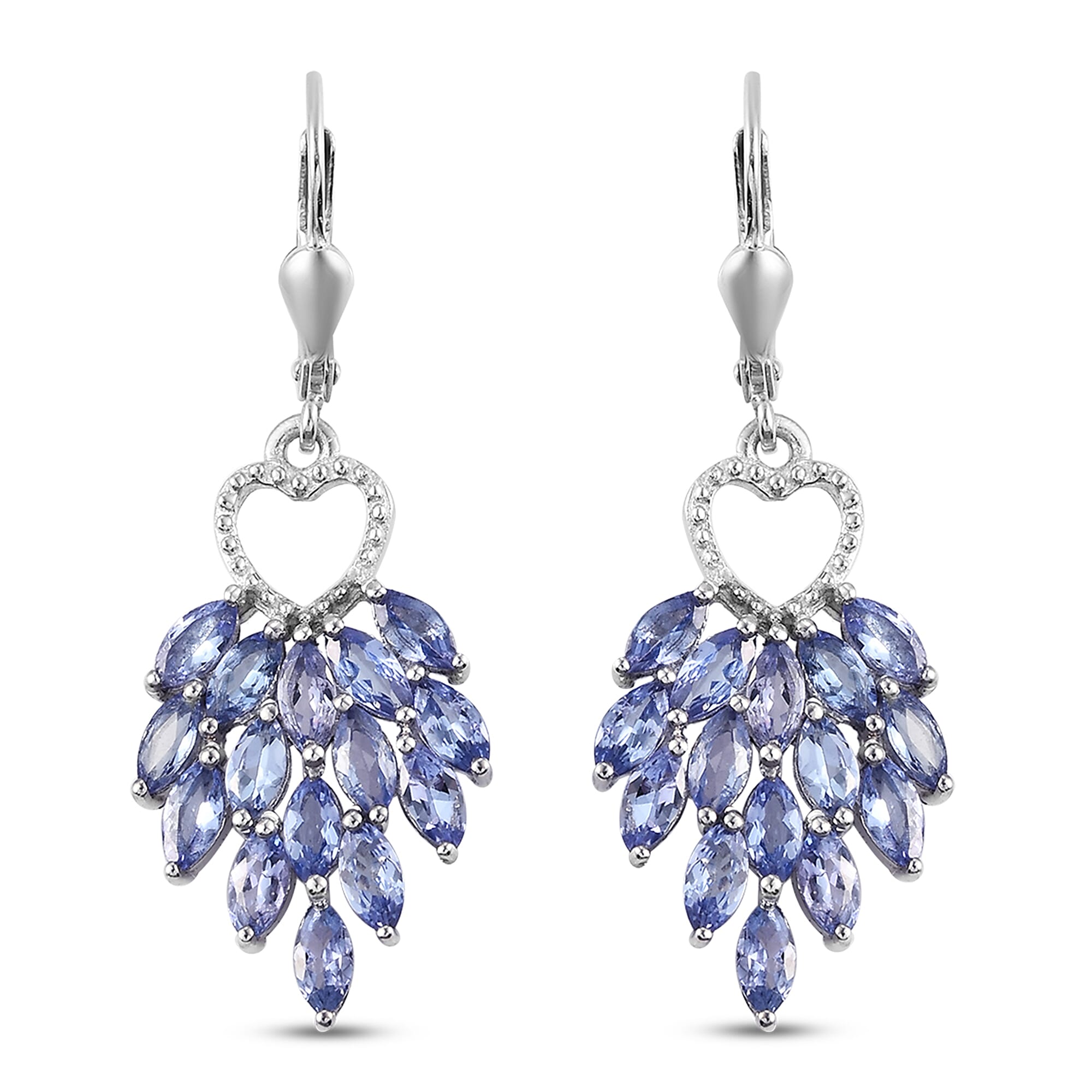 Tanzanite (Mrq) Heart Dangle Earrings in Platinum Overlay Sterling Silver 4.48 Ct.