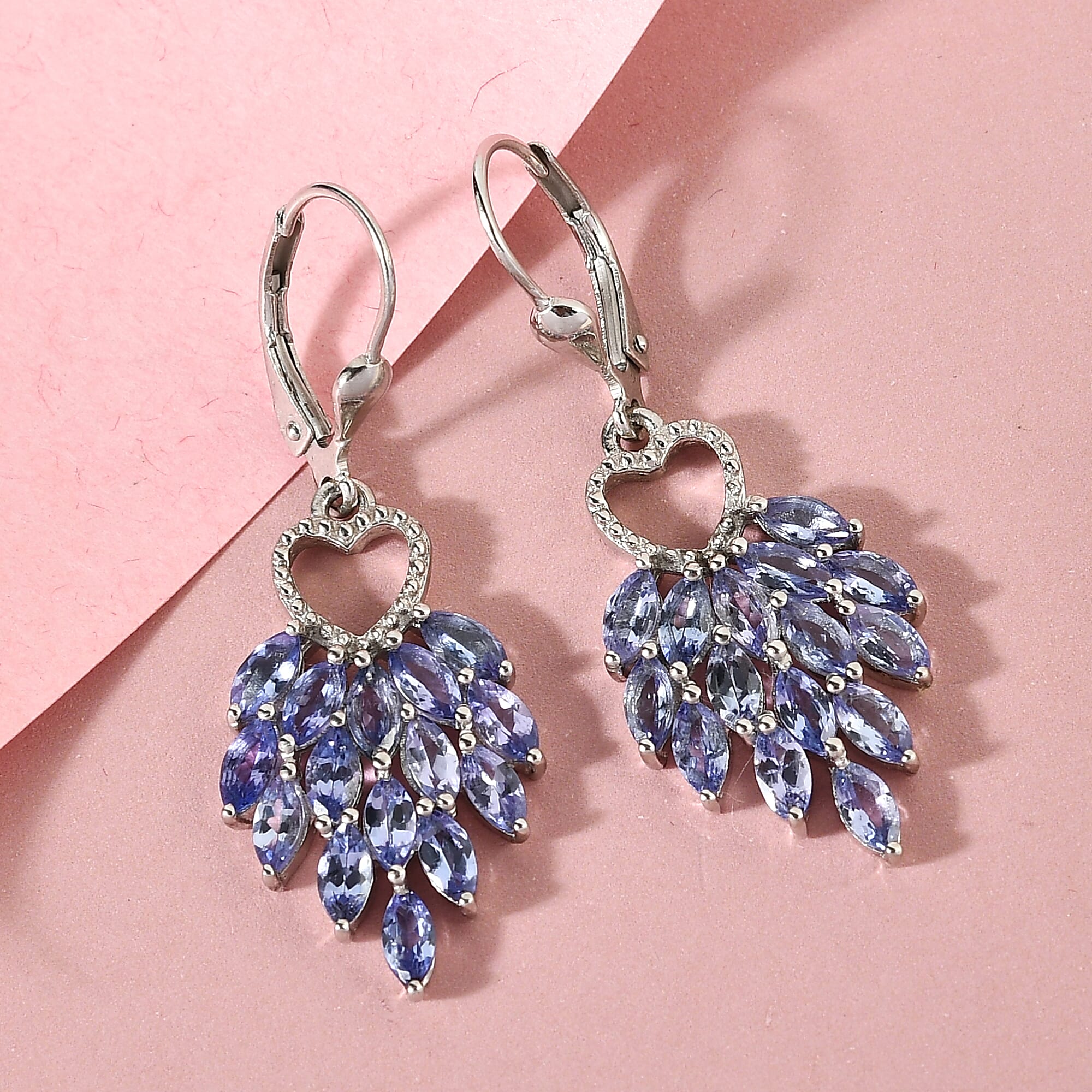 Tanzanite (Mrq) Heart Dangle Earrings in Platinum Overlay Sterling Silver 4.48 Ct.