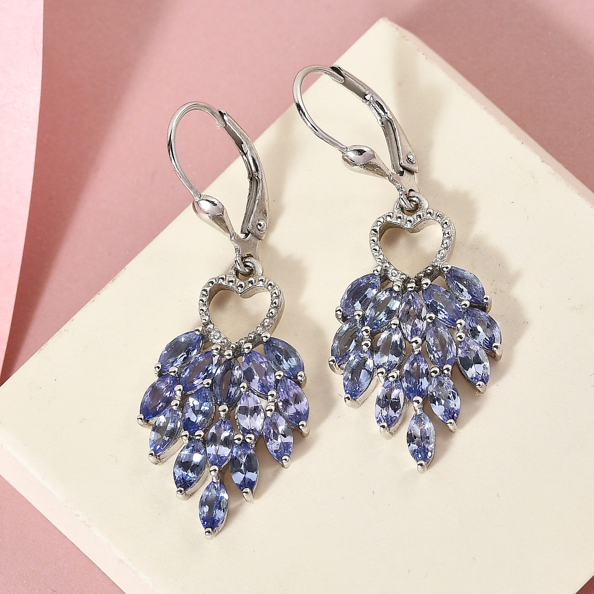 Tanzanite (Mrq) Heart Dangle Earrings in Platinum Overlay Sterling Silver 4.48 Ct.