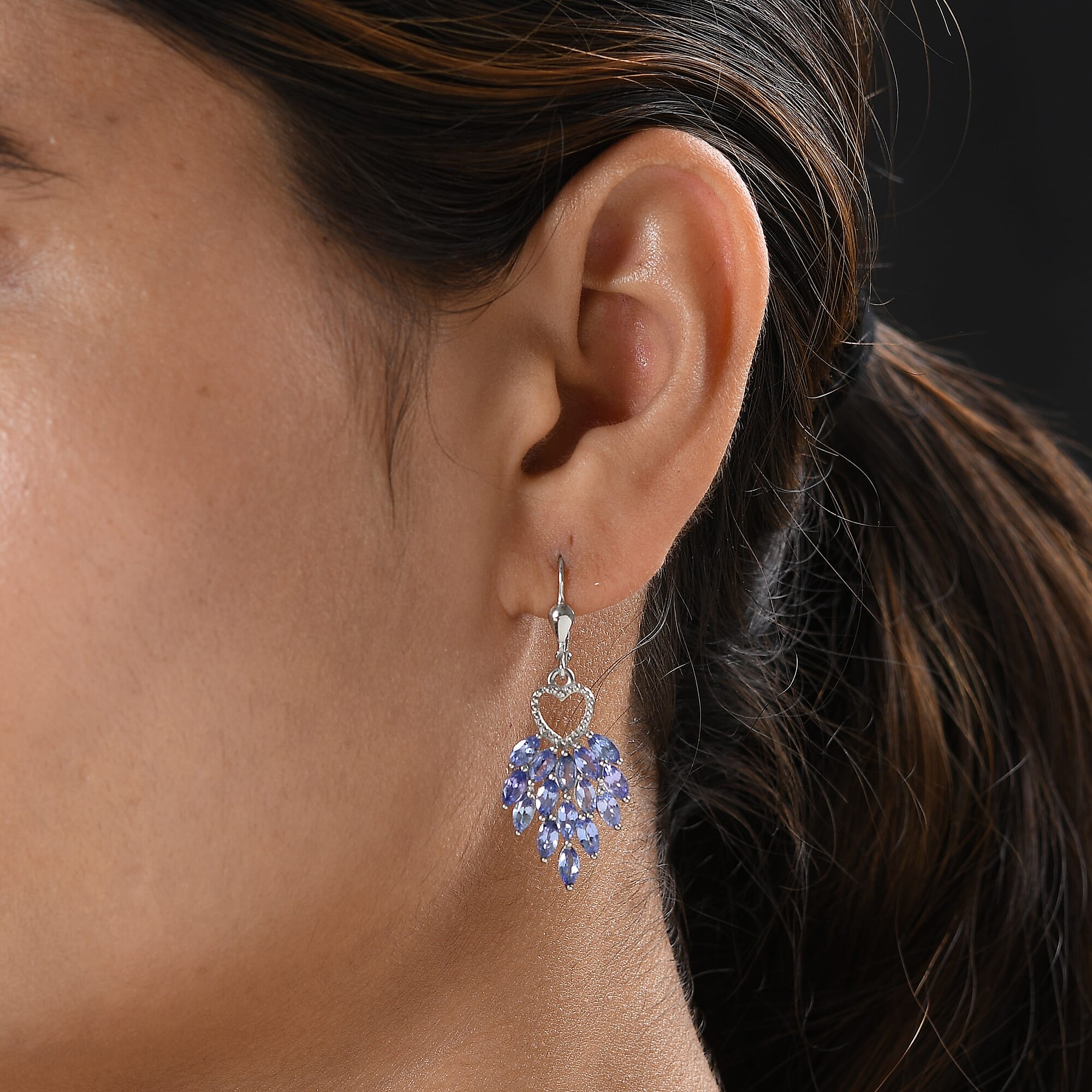 Tanzanite (Mrq) Heart Dangle Earrings in Platinum Overlay Sterling Silver 4.48 Ct.