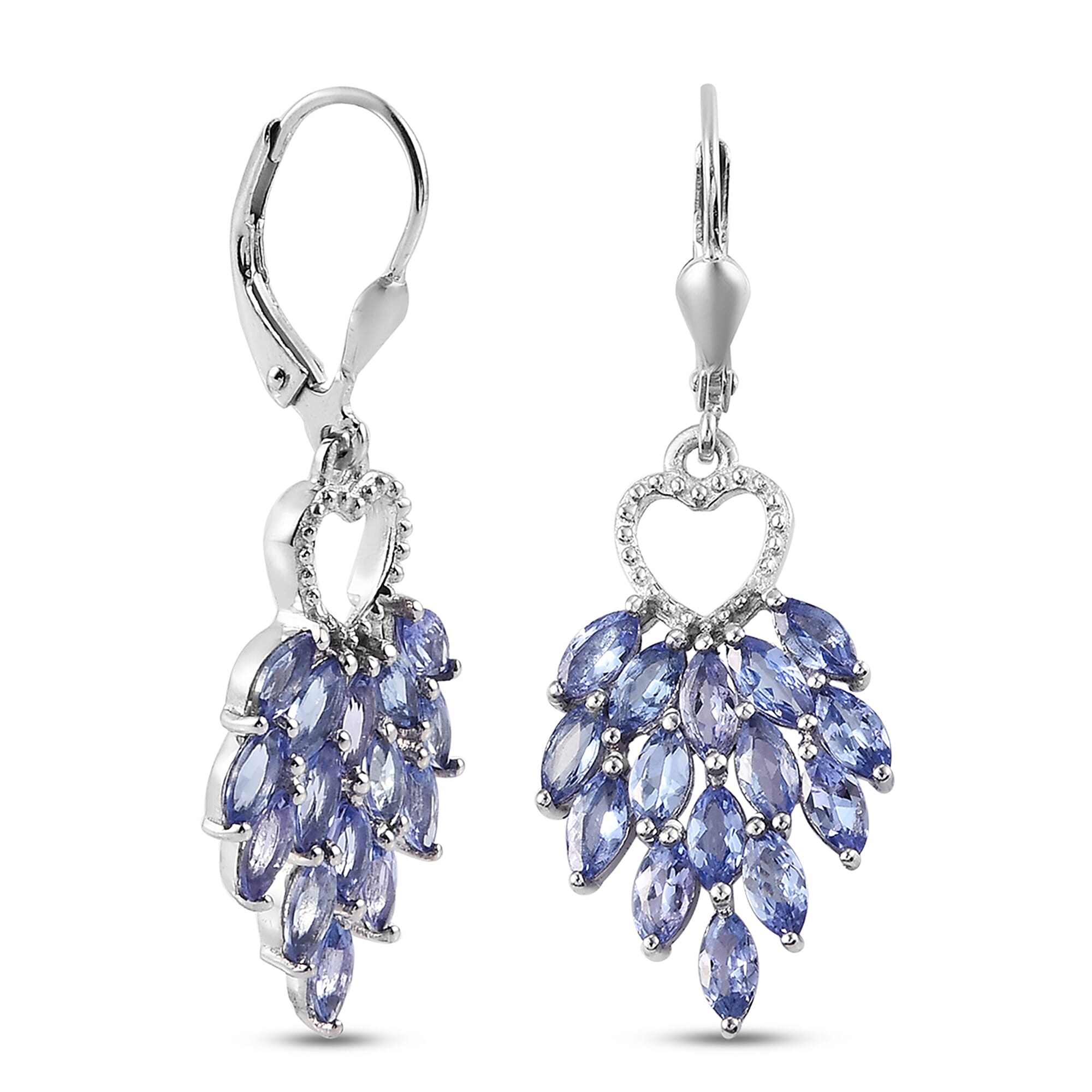 Tanzanite (Mrq) Heart Dangle Earrings in Platinum Overlay Sterling Silver 4.48 Ct.