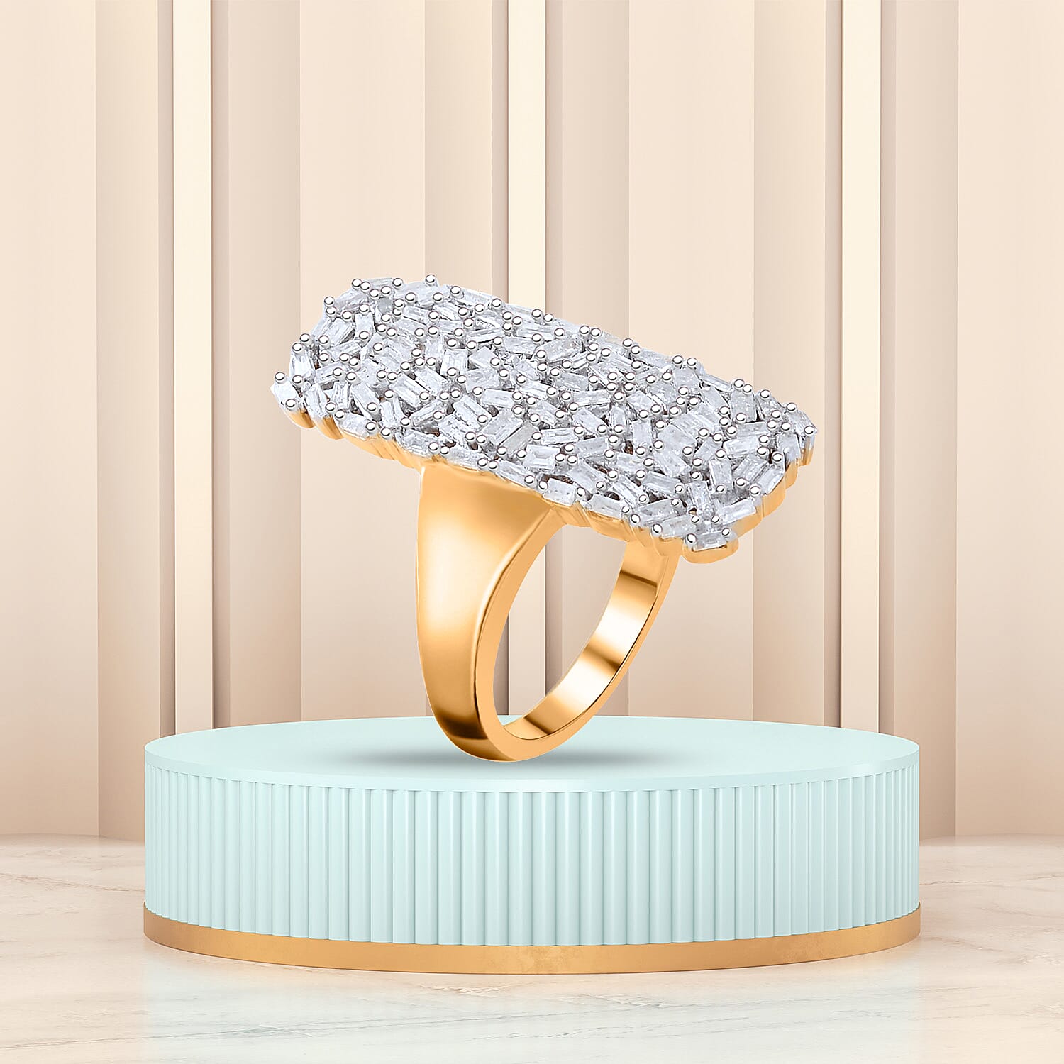 Designer Inspired - Firecracker Diamond (Bgt) Ring in 18K Yellow Gold Vermeil Plated Sterling Silver 1.00 Ct, Silver Wt 5.96 Gms.