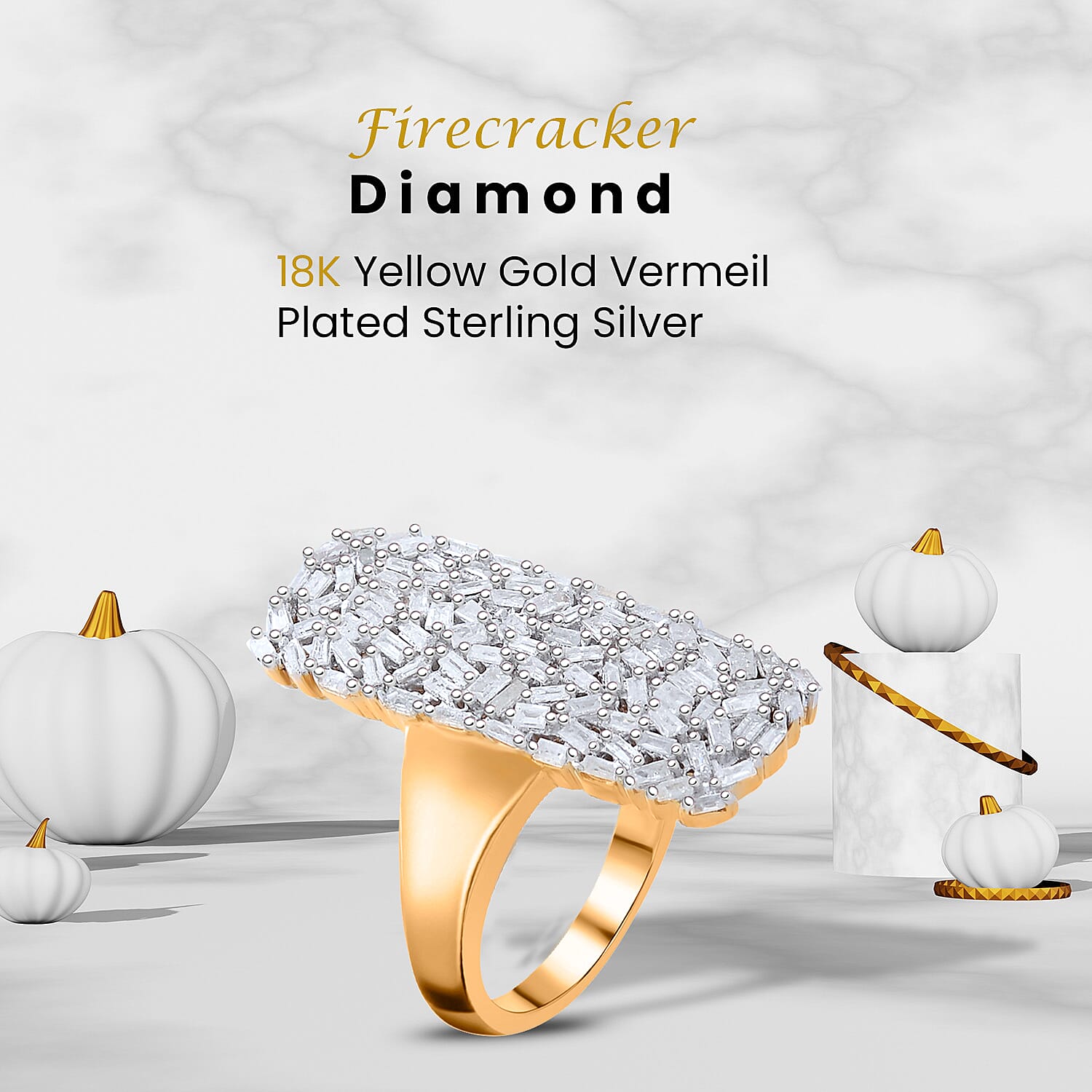 Designer Inspired - Firecracker Diamond (Bgt) Ring in 18K Yellow Gold Vermeil Plated Sterling Silver 1.00 Ct, Silver Wt 5.96 Gms.