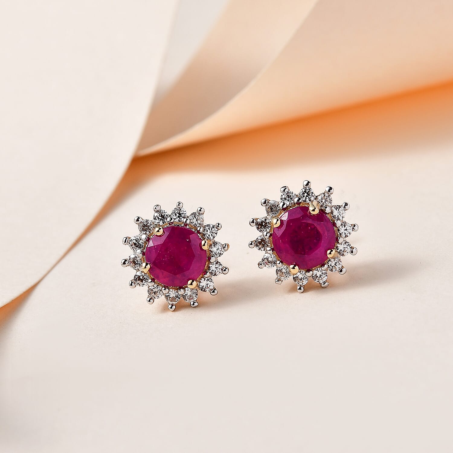 9K Yellow Gold AA  African Ruby & Natural Zircon Floral Earrings With Push Back 3.25 Ct.