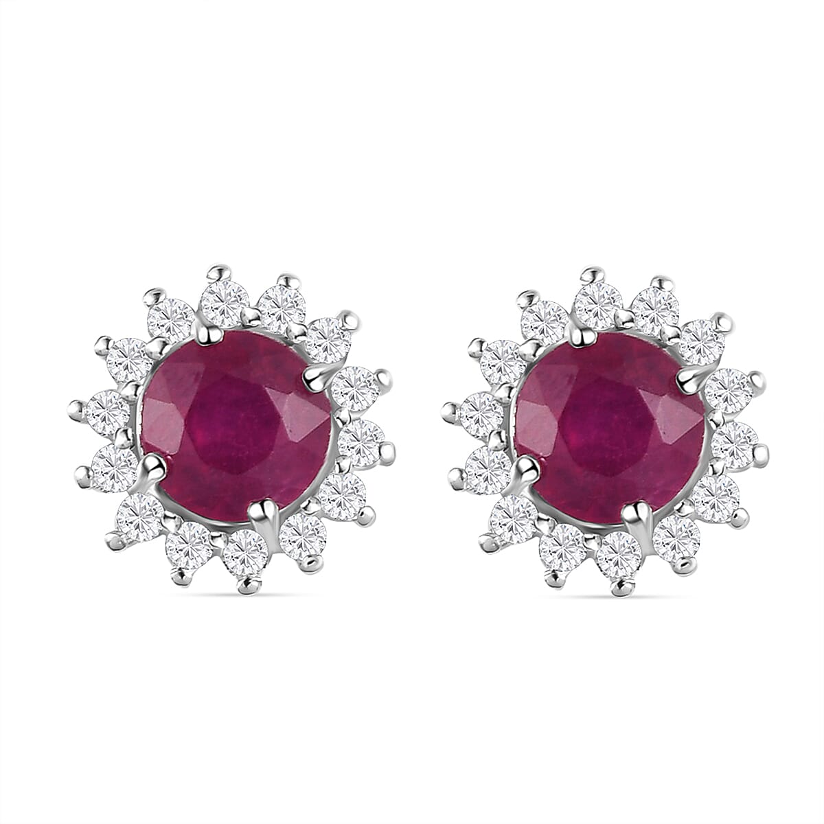 AA African Ruby and Cambodian Zircon Halo Stud Earring