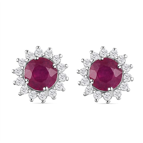 9K White Gold AA African Ruby & Natural Zircon Floral Earrings With Push Back 3.25 Ct.