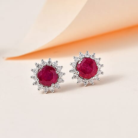 9K White Gold AA African Ruby & Natural Zircon Floral Earrings With Push Back 3.25 Ct.