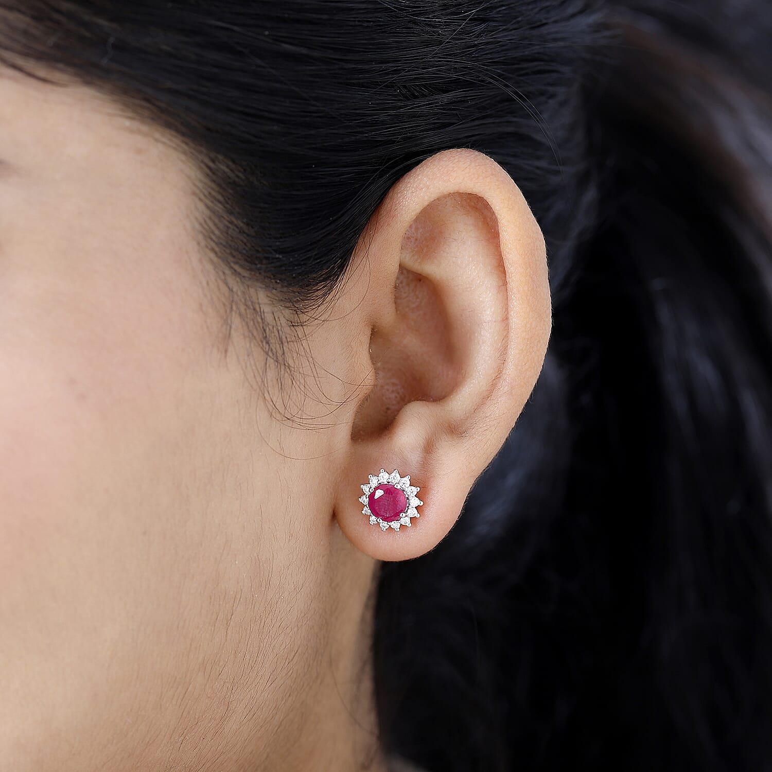 AA African Ruby and Cambodian Zircon Halo Stud Earring