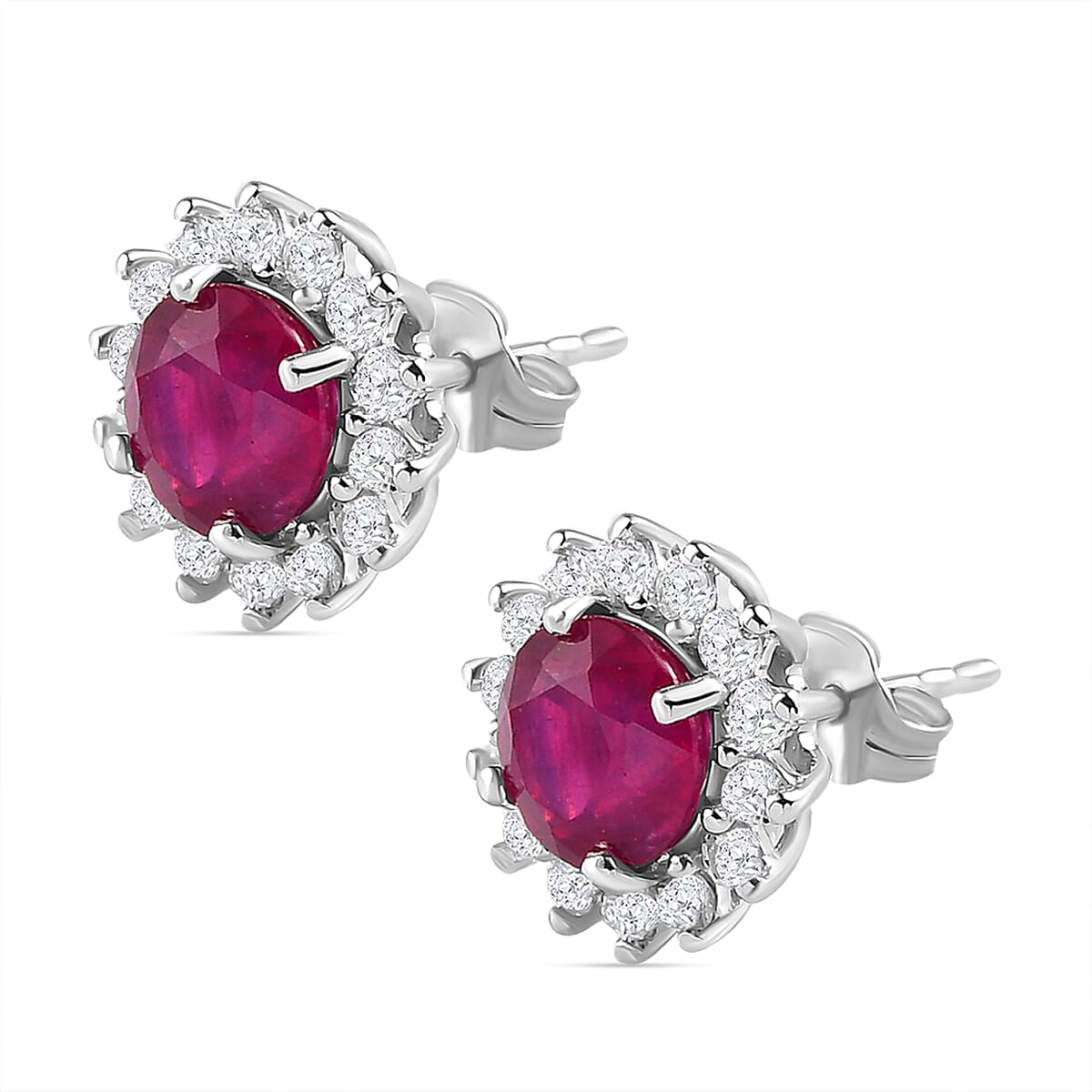 AA African Ruby and Cambodian Zircon Halo Stud Earring