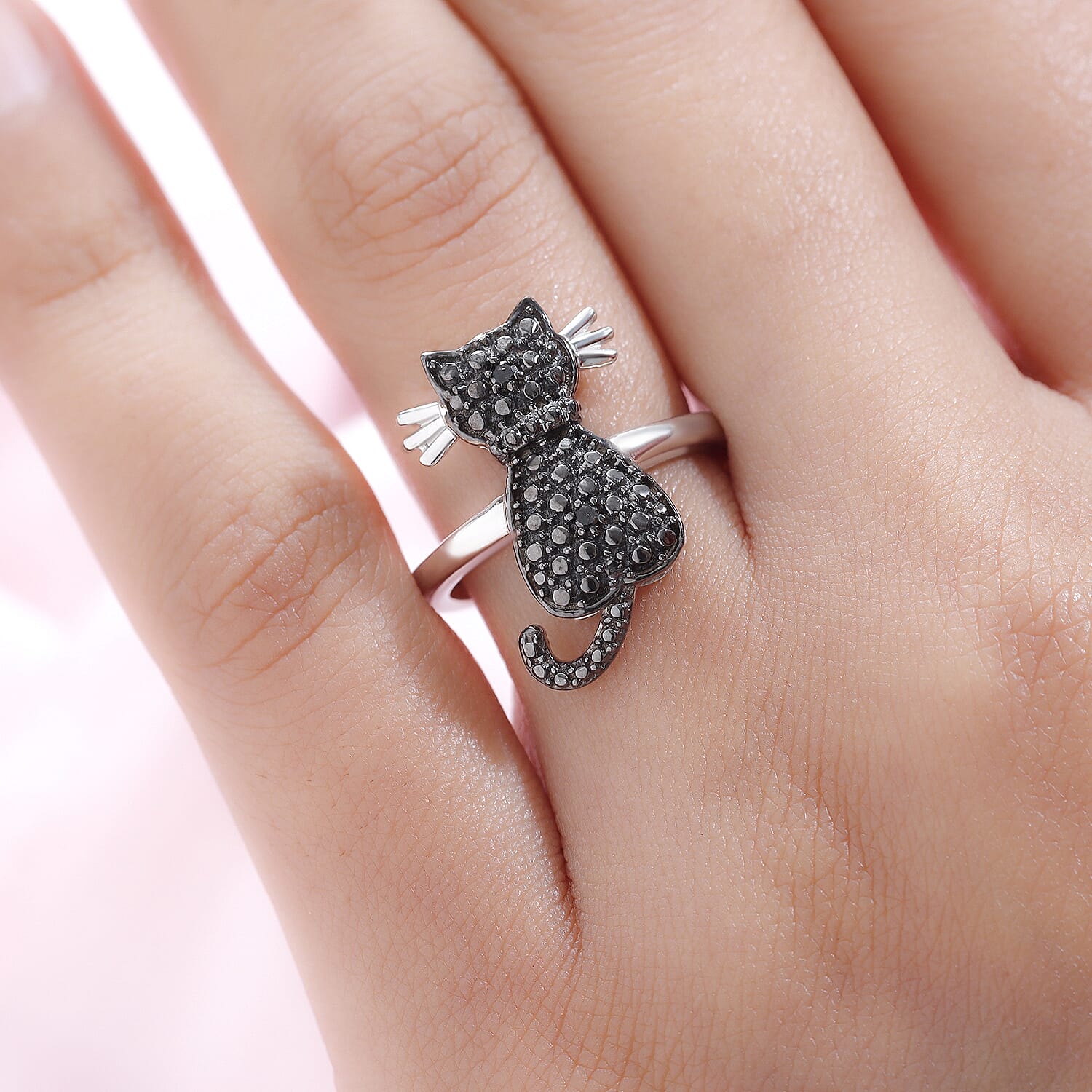 Black Diamond Cat Ring in Black and Platinum Overlay Sterling Silver
