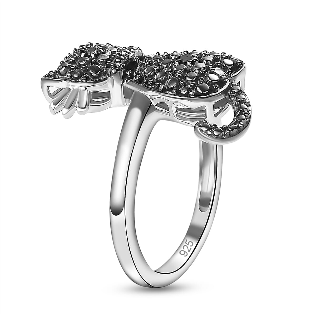 Black Diamond Cat Ring in Black and Platinum Overlay Sterling Silver