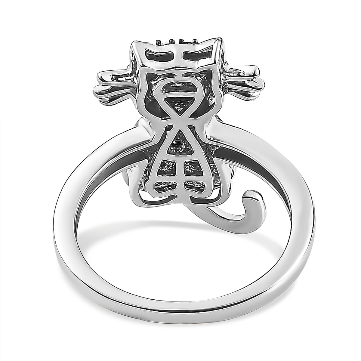 Black Diamond Cat Ring in Black and Platinum Overlay Sterling Silver
