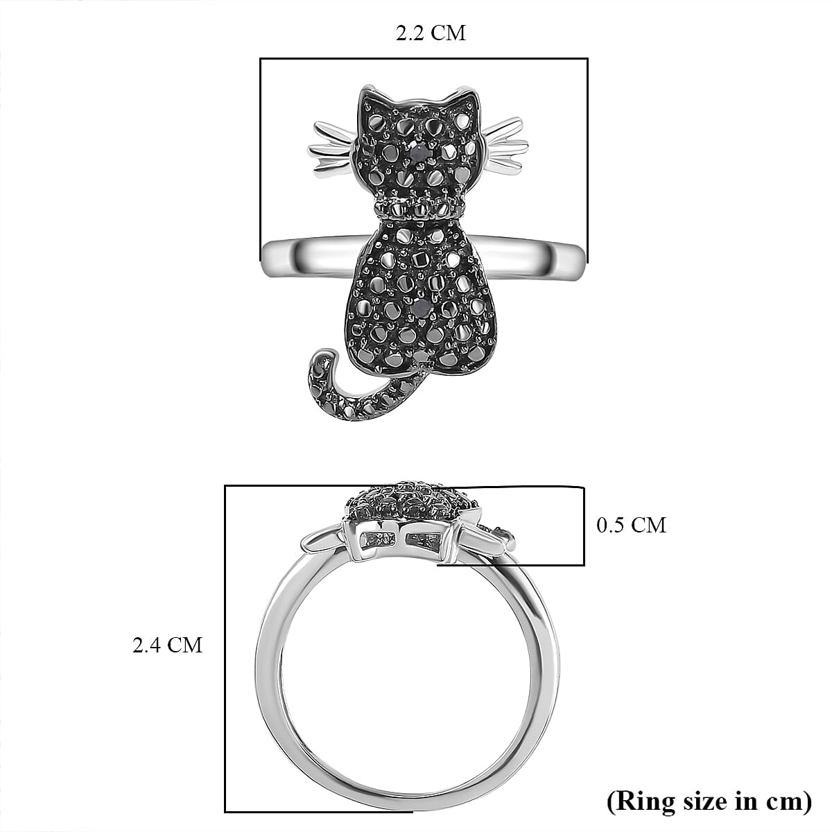 Black Diamond Cat Ring in Black and Platinum Overlay Sterling Silver