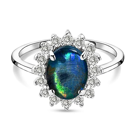 Australian Boulder Opal and Natural Zircon Halo Ring in Sterling Silver 2.38 Ct.