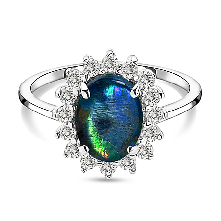 Rare AAA Australian Boulder Opal with Cambodian Zircon Princess Diana Inspired Halo Ring in Sterling Silver 11.28 Ct.