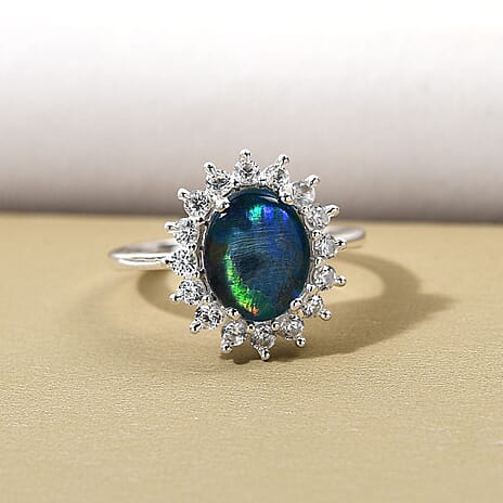 Australian Boulder Opal and Natural Zircon Halo Ring in Sterling Silver 2.38 Ct.