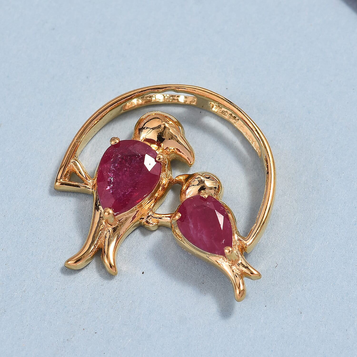 African Ruby (Pear) Mother Child Bird Pendant in 14K Gold Overlay Sterling Silver 1.25 Ct.