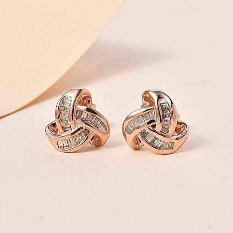 Diamond Knot Stud Earrings (with Push Back) in 18K Vermeil Rose Gold Plated Sterling Silver 0.25 Ct.
