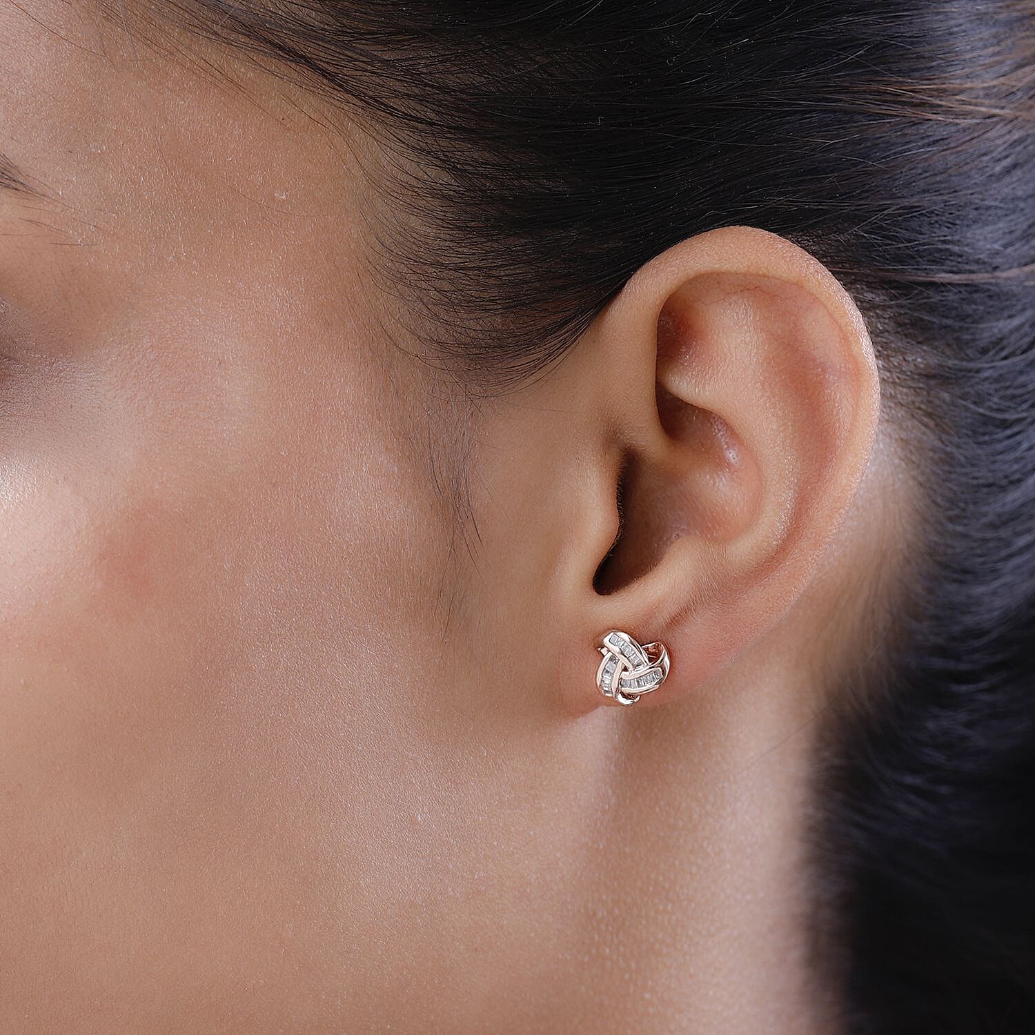 Diamond Knot Stud Earrings (with Push Back) in 18K Vermeil Rose Gold Plated Sterling Silver 0.25 Ct.