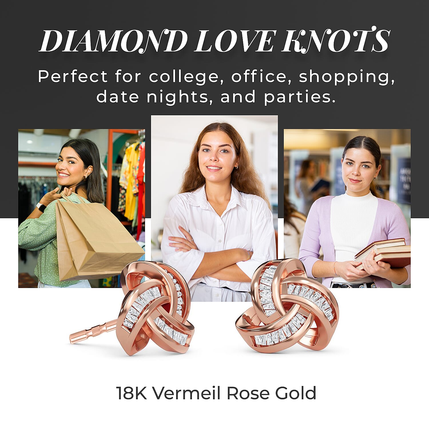 Diamond Knot Stud Earrings (with Push Back) in 18K Vermeil Rose Gold Plated Sterling Silver 0.25 Ct.