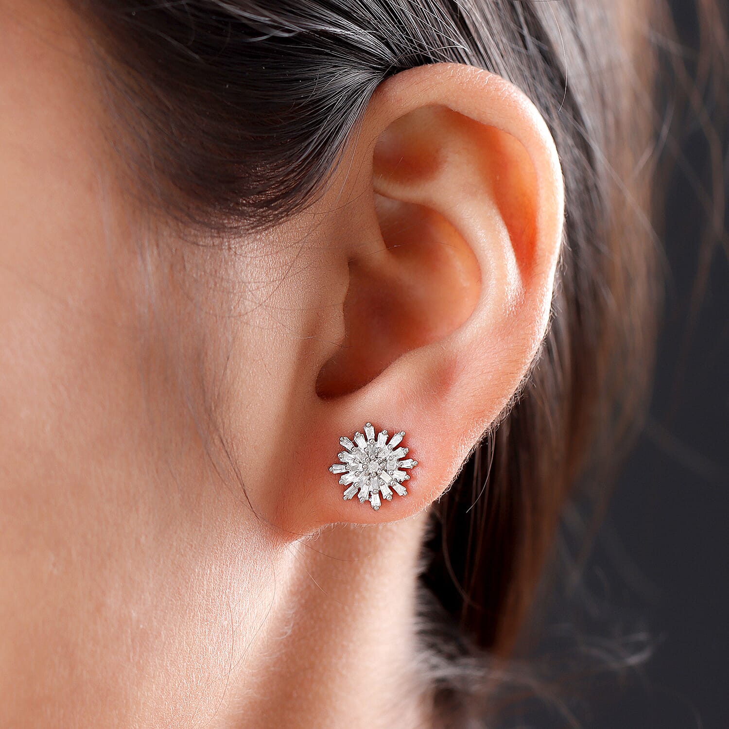 Diamond Snowflake Earrings (with Push Back) in Platinum Overlay Sterling Silver 0.33 Ct.