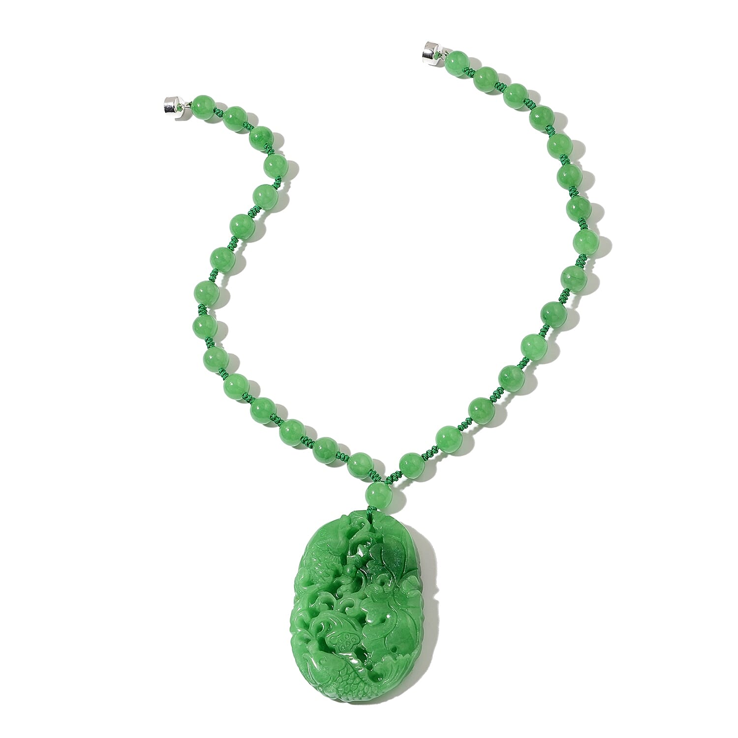 Carved Green Jade Necklace (Size 18) with Magnetic Lock in Rhodium Overlay Sterling Silver 455.00 Ct.