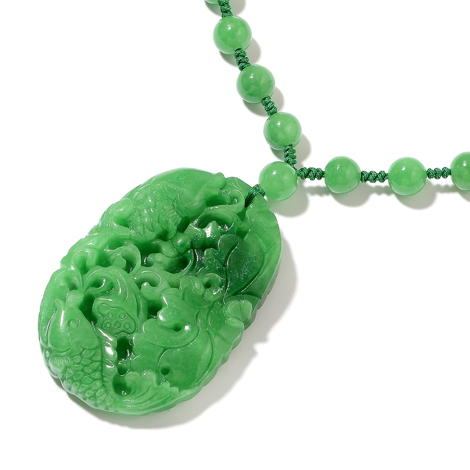 Carved Green Jade Necklace (Size 18) with Magnetic Lock in Rhodium Overlay Sterling Silver 455.00 Ct.