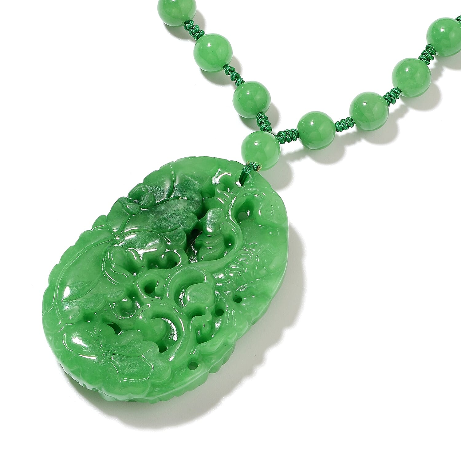 Carved Green Jade Necklace (Size 18) with Magnetic Lock in Rhodium Overlay Sterling Silver 455.00 Ct.