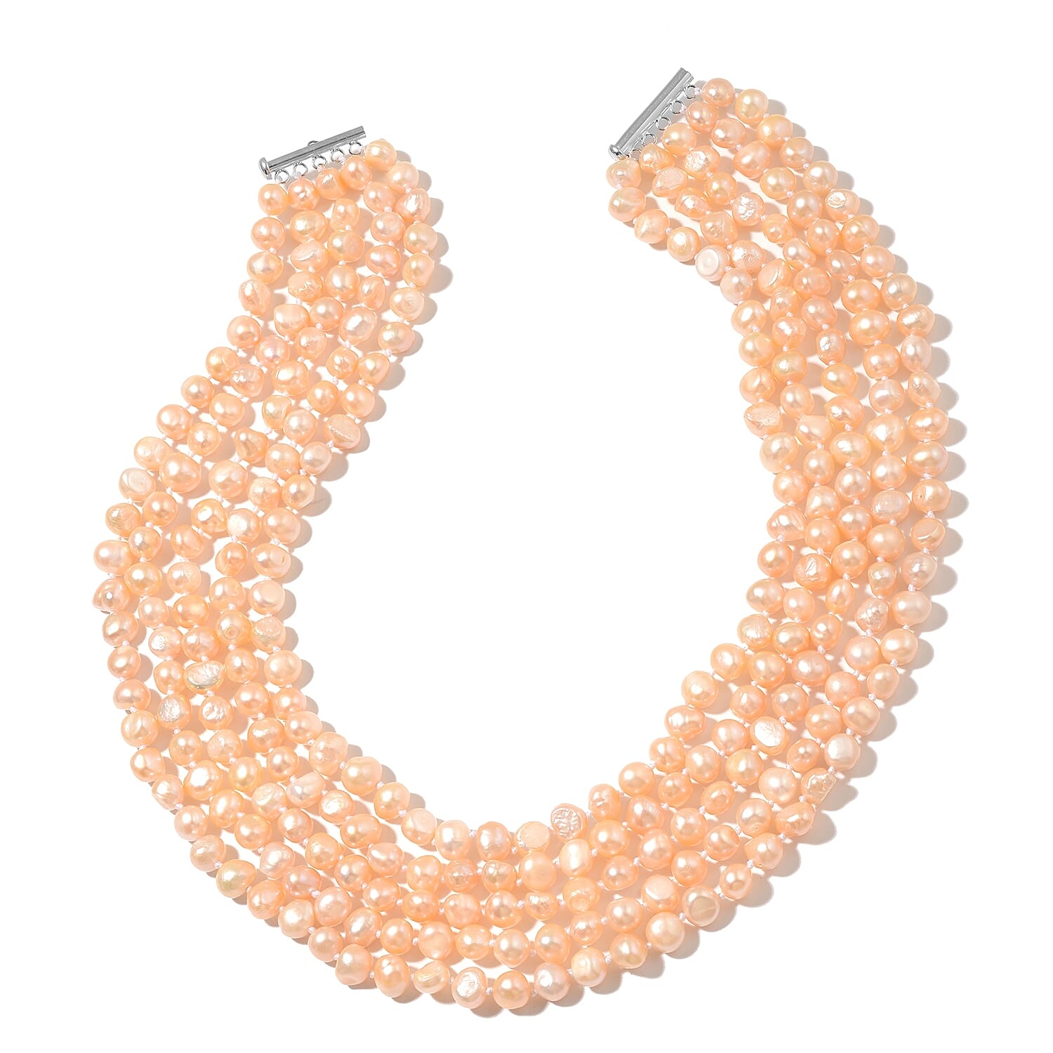 Fresh Water Peach Pearl Multi Strand Necklace (Size 18) in Rhodium Overlay Sterling Silver