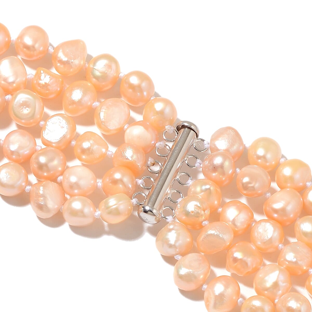 Fresh Water Peach Pearl Multi Strand Necklace (Size 18) in Rhodium Overlay Sterling Silver