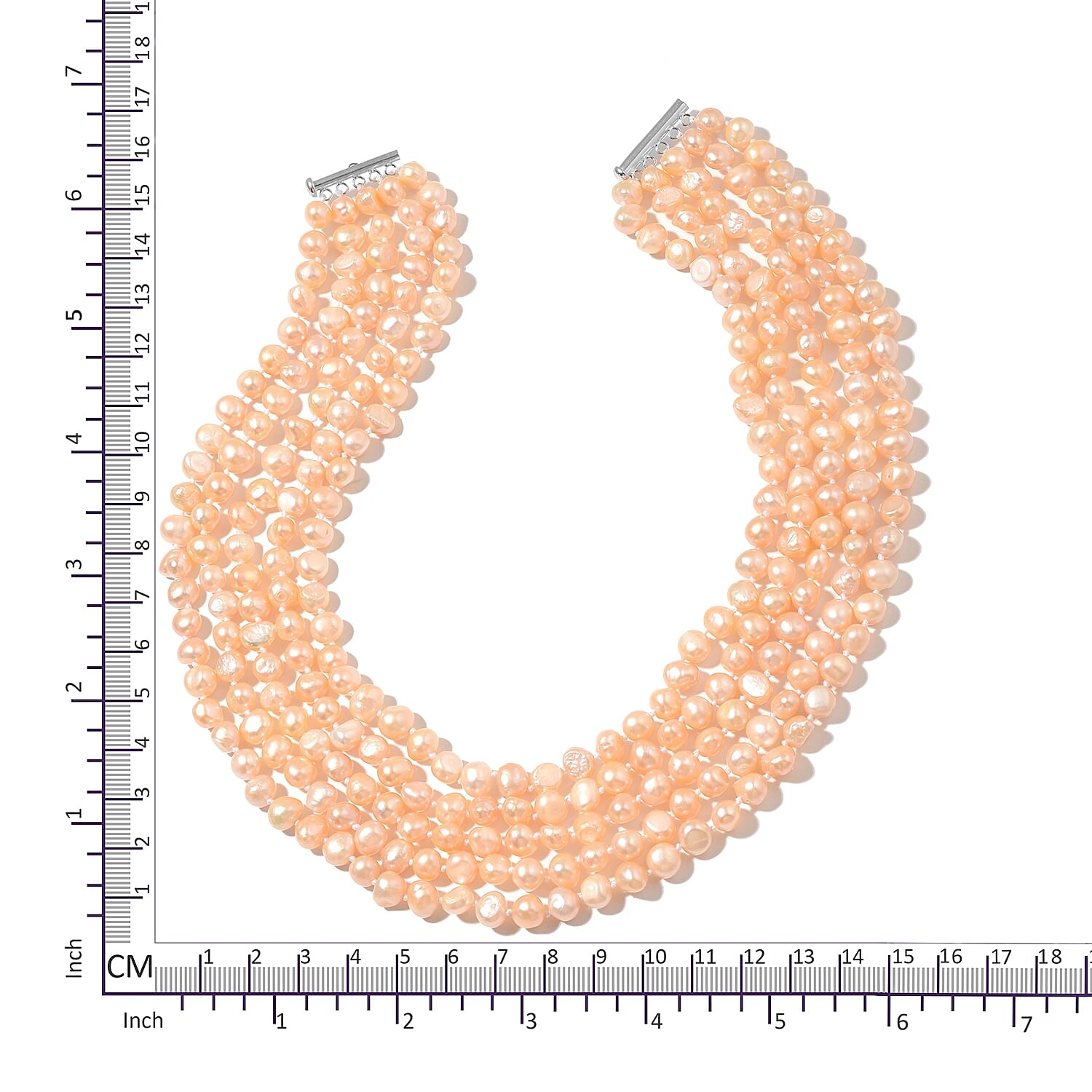 Fresh Water Peach Pearl Multi Strand Necklace (Size 18) in Rhodium Overlay Sterling Silver