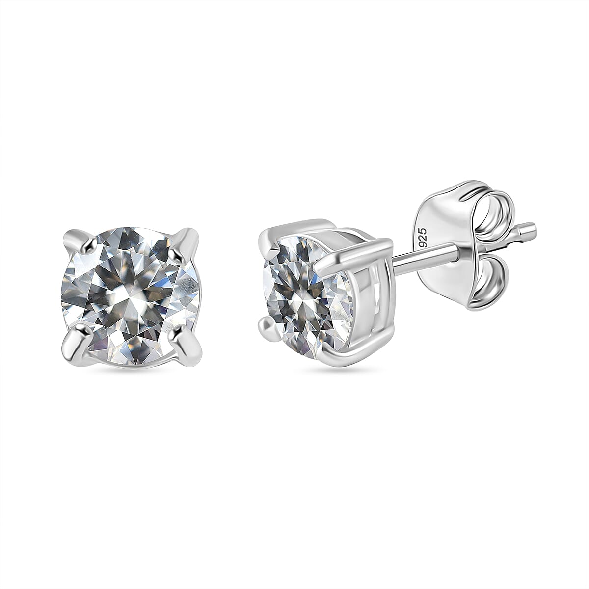 Natural White Cambodian Zircon (Rnd) Stud Earrings (with Push Back) in Rhodium Overlay Sterling Silver