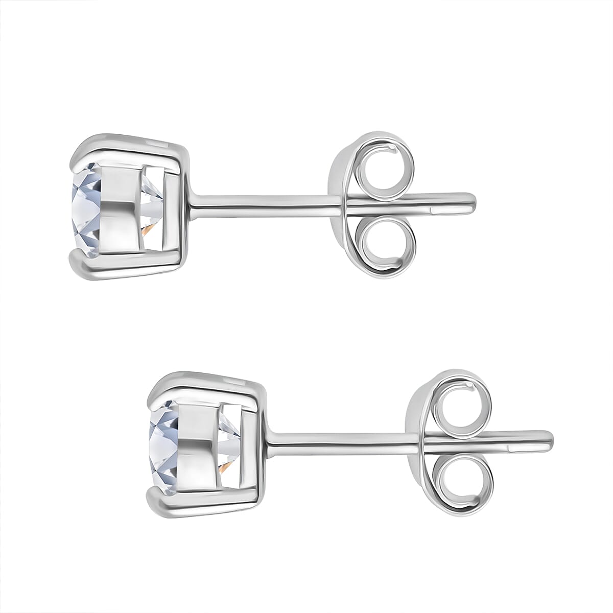 Natural White Cambodian Zircon (Rnd) Stud Earrings (with Push Back) in Rhodium Overlay Sterling Silver