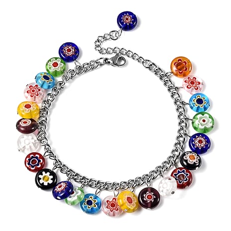 Multi Colour Murano Bead Charm Bracelet (Size 7.5-2 with Extender) 76.95 Ct