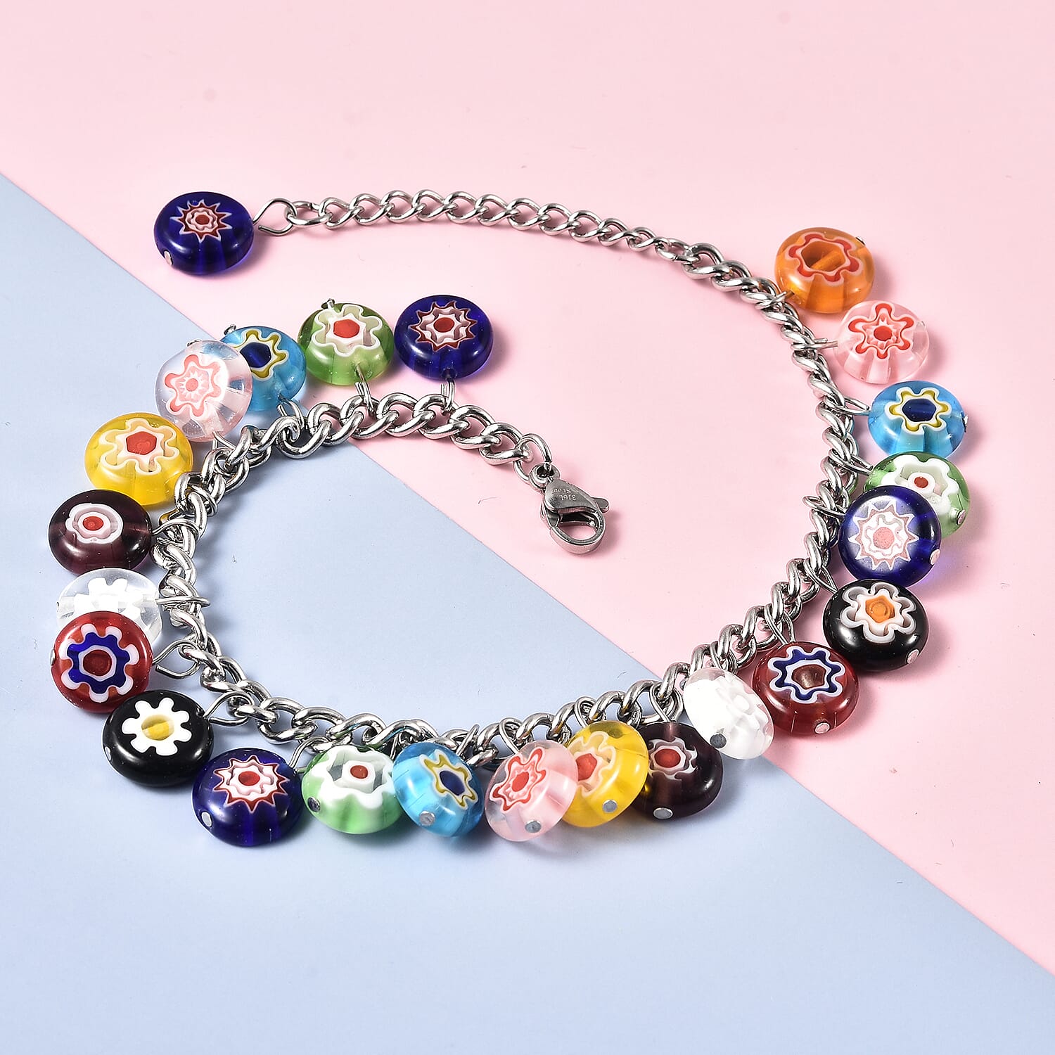 Multi Colour Murano Glass Bead Charm Bracelet (Size 7.5 - 1.5 Ext) 76.95 Ct.