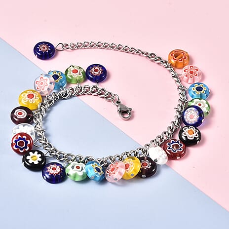 Multi Colour Murano Bead Charm Bracelet (Size 7.5-2 with Extender) 76.95 Ct