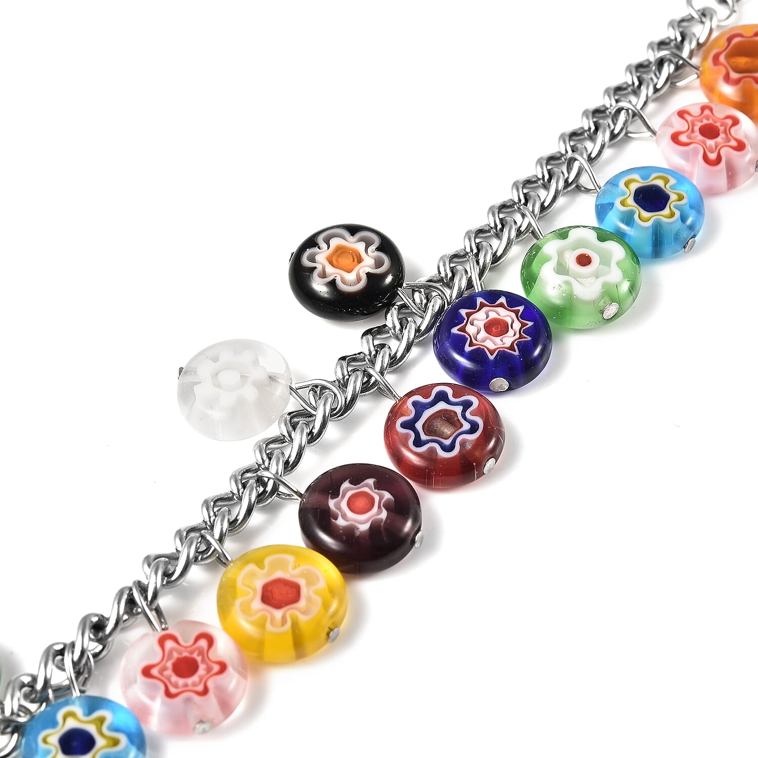 Multi Colour Murano Glass Bead Charm Bracelet (Size 7.5 - 1.5 Ext) 76.95 Ct.
