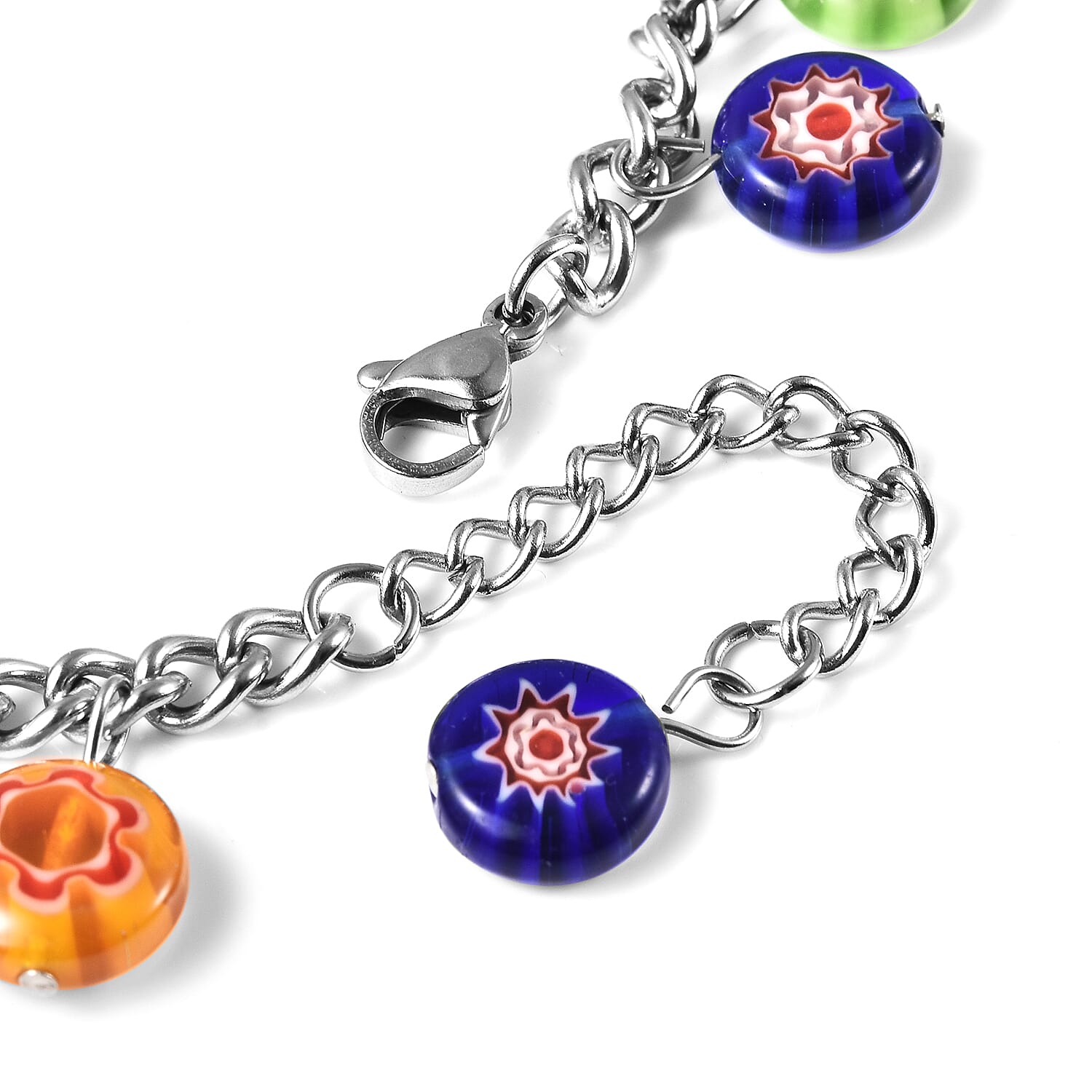 Multi Colour Murano Glass Bead Charm Bracelet (Size 7.5 - 1.5 Ext) 76.95 Ct.
